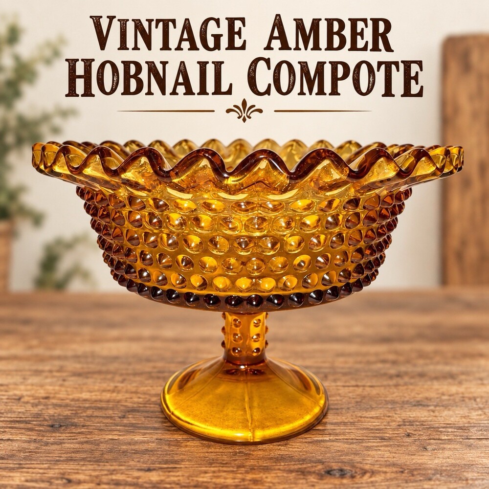 Vintage Fenton Amber Hobnail Ruffled Edge Pedestal Compote Bowl 8 Inch